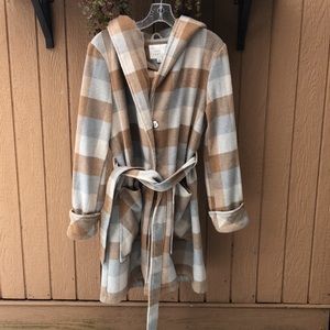 Grey/white/beige/cream plaid hooded pea coat